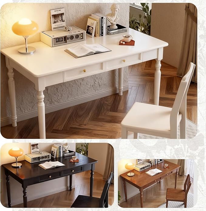 Solid Wood French Country Desk,Writing Desk with Storage Drawers,Farmhouse Computer Table Makeup Table Modern Simple Style,for Home Office Living Room Study Workspace Bedroom (White, 47.2IN)