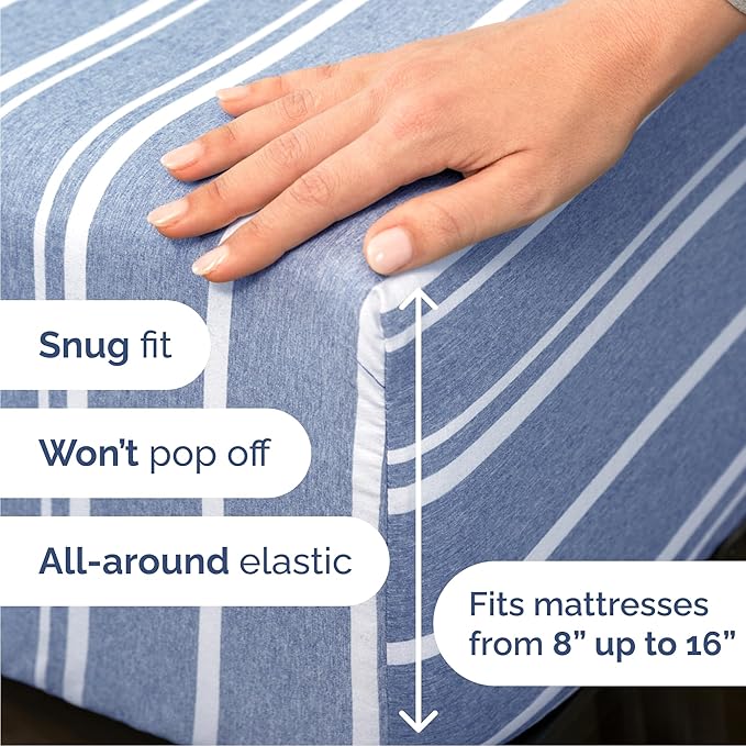 Cal King Size 4 Piece Sheet Set - Comfy Breathable & Cooling Sheets - Hotel Luxury Bed Sheets for Women & Men - Deep Pockets, Easy-Fit, Soft & Wrinkle Free Sheets - Blue Stripes Oeko-Tex Bed Sheet Set