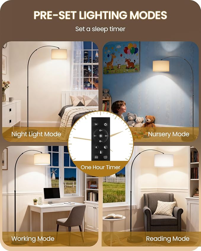 75" Arc Floor Lamp with Marble Base and Adjustable Height, Rotating Hanging Shade, Dimmable Floor Lamp for Living Room with Remote and Foot Switch, 3CCT, Over Couch Arched Light, White Shade W15LD05