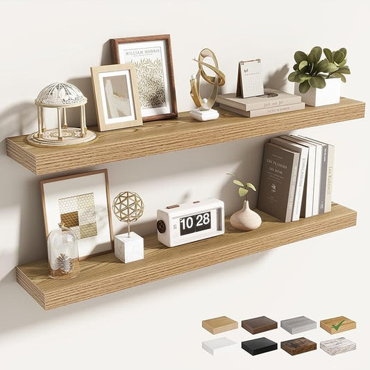 36 Inch Floating Shelves for Wall 2 Pack, 36" Wall Shelves for Books, Storage, Decor, Wall Mounted Floating Shelf with Invisible Brackets for Kitchen, Living Room, Light Brown