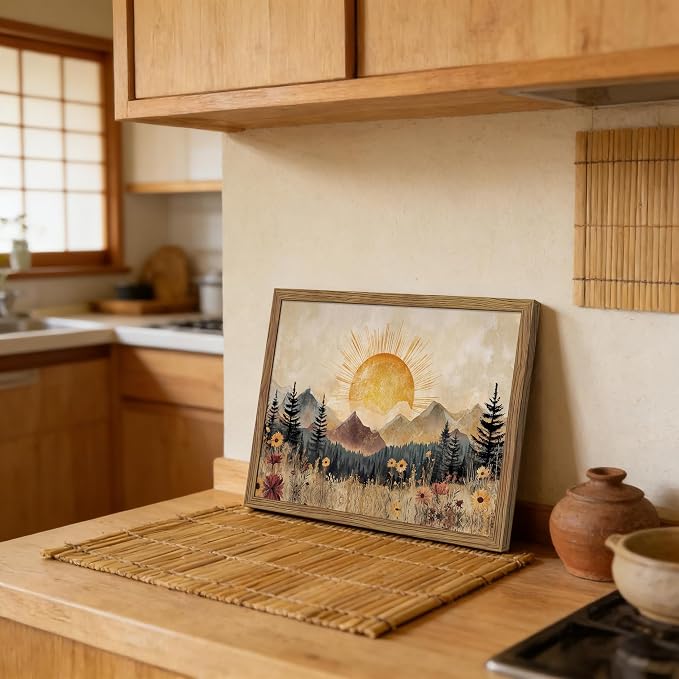 Framed Vintage Sunrise Mountain Landscape Wall Art, Golden Sunburst Meadow Forest Canvas Print, Retro Wildflower Nature Artwork, Rustic Boho Wall Decor for Living Room Bedroom Office 8x10in