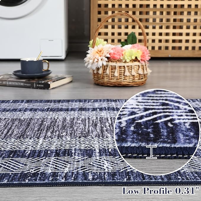 GarveeHome Washable 2.5x10 Kitchen Runner Navy Blue Rug, Easy Clean Geometri Rugs for Hallway Entryway, Indoor Outdoor Non Slip Rug Farmhouse Morden Carpet Door Mat Area Rug for Laundry Room Grey