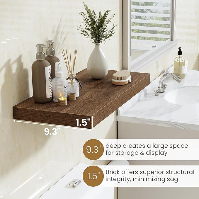 72"W x 9.3"D Floating Shelves for Wall, Wall Mounted Bathroom Shelves 1 Pack Deep Floating Shelf for Bedroom Kitchen Living Room, Rustic Wooden Wall Shelf with Invisible Bracket for Books Decor