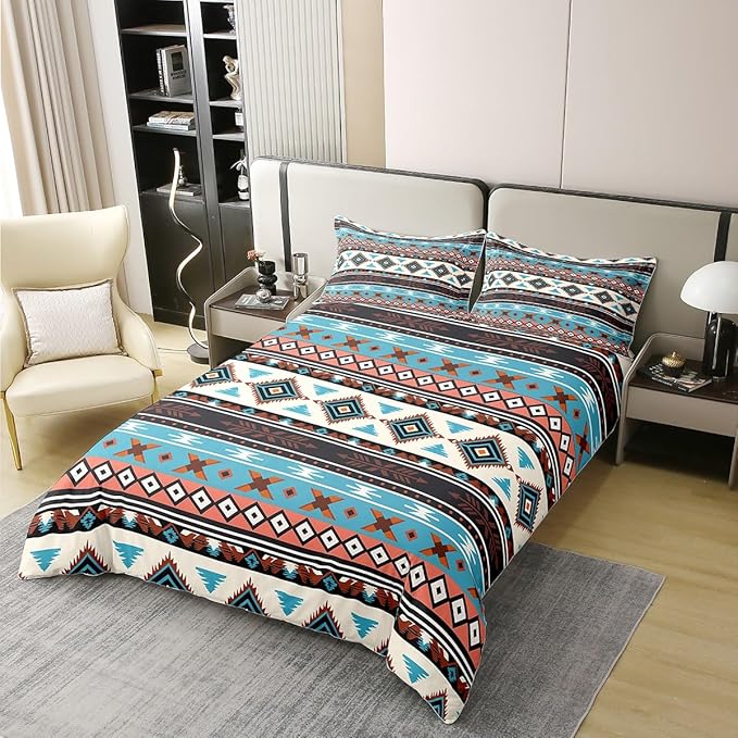 100% Cotton Aztec Duvet Cover Twin Southwestern Bedding Set Tribal Native American Comforter Cover Brown Blue Abstract Geometric Tribal Bedroom Decor Ethnic Grid Lattice Quilt Cover