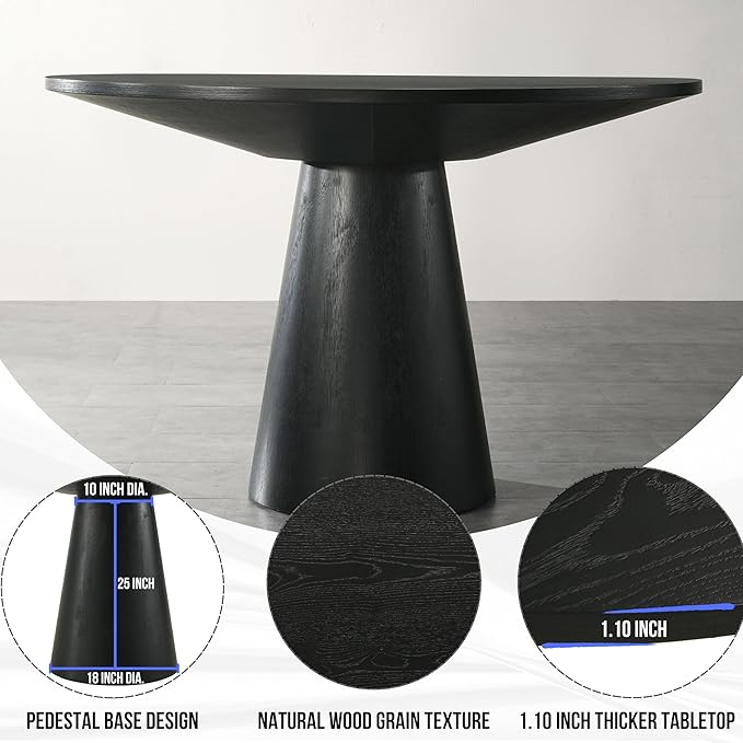 48" Round Dining Table for 6, Mid Century Modern Round Dining Table for 4-6 People, Round Kitchen Table Pedestal Base for Home Dining Room Kitchen Living Room Restaurant Furniture, EbonyBlack