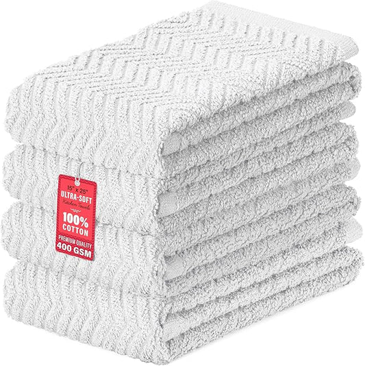 DecorRack 4 Pack Kitchen Towels, 100% Cotton Dish Towels, 15 x 25 Inch Absorbent Kitchen Towels for Drying Dishes, Hand Towels, Kitchen Cleaning Cloths, White (Set of 4)
