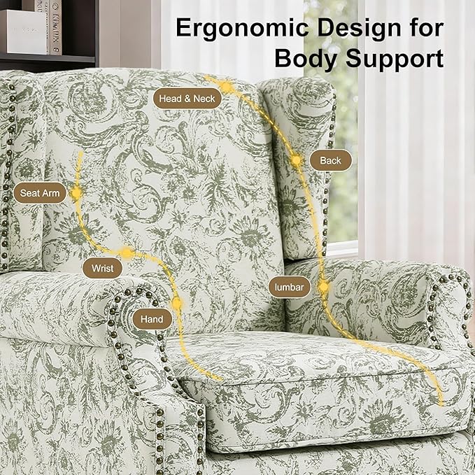 Wingback Chair, High Back Floral Accent Chair in Fabric, Comfy Upholstered Armchair with Nailhead Trim for Living Room, Single Sofa Reading Chair for Small Spaces, Bedroom-Rococo Green