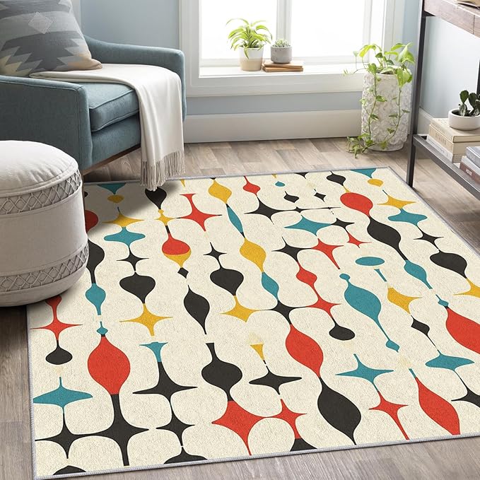Mid Century Rugs for Living Room 5x7, Retro 50s Colorful Geometric Abstract Modern Pattern Design Area Rug, Mid Century Bedroom Decor Carpet, Non Slip, Washable (RG703)
