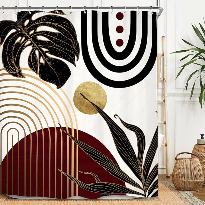 Miyotaa Abstract Burgundy Black Shower Curtain Set 60Wx71H Inches Modern Minimalist Aesthetic Mid Century Retro Leaves Modern Contemporary Waterproof Bathroom Curtain with 12 Hooks