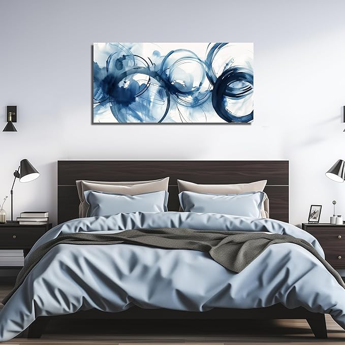 Abstract Circle Canvas Wall Art for Bedroom Blue and White Wall Decor for Dining Room Big Modern Poster Wall Art for Apartment Size 24 x 48 Inch