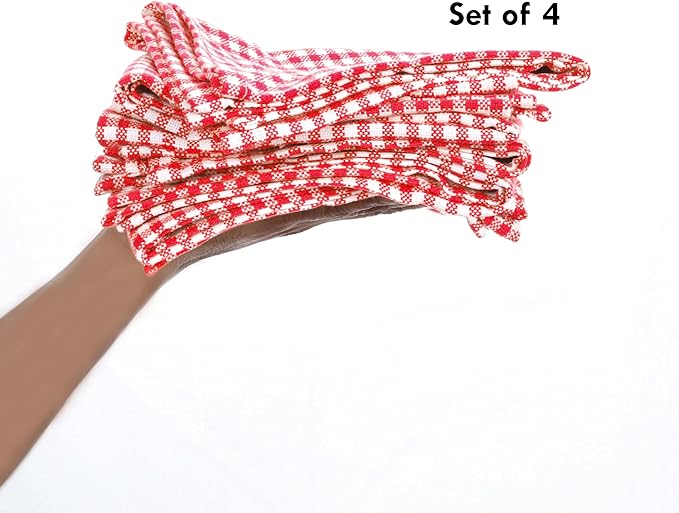 Red Kitchen Dish Towels Gingham Check, 4 Pack, 16x26 Inches, Absorbent & Durable, Washable, Hand Tea Towels with Hanging Loop - Ideal for Drying Dishes, Cooking, Cleaning, Red
