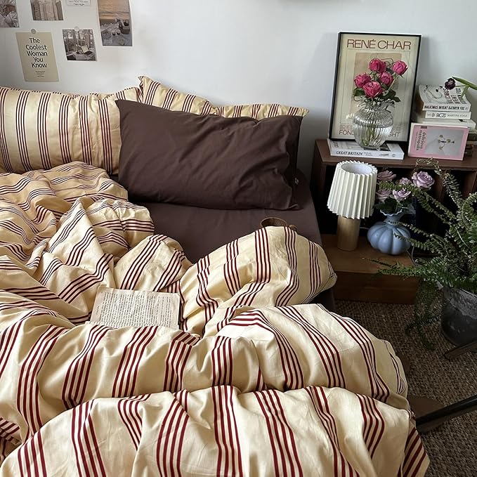 mixinni Retro Striped Duvet Cover Set Full - 100% Natural Cotton 3-Piece Vintage Red Stripes Pattern Printed Bedding Set, Soft Breathable Comforter Cover with Zipper Closure & Corner Ties, Full Size