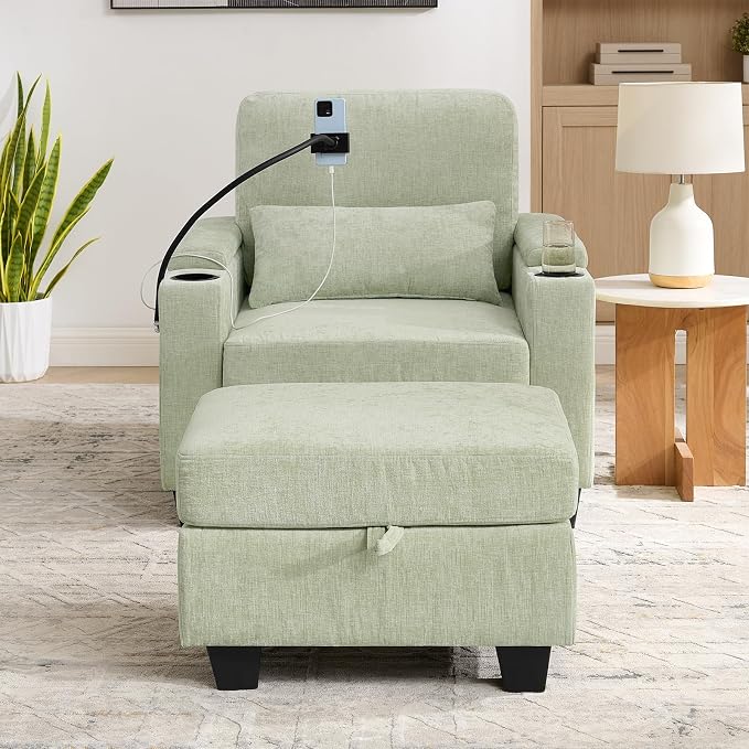 Oversized Chaise Lounge Chair Indoor, Single Convertible Recliner Reading Arm Sofa Chair W/Adjustable Backrest & Charging Port Couch Bed for Living Room, Home Theater & Bedroom, Cyan