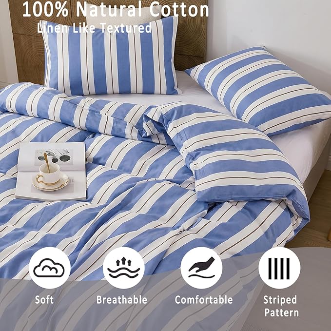 Merryword Blue and White Striped Duvet Cover Set King Size 100% Cotton Bedding Set with Modern Coastal Style Soft Breathable Linen Like Bedding Set 3 Pieces