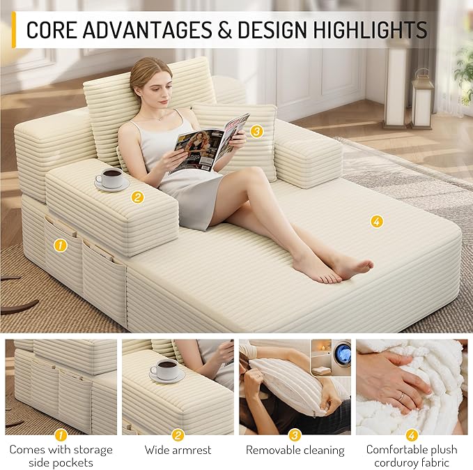 48.5" Oversized Chaise Lounge Chair Indoor, 3-in-1 Convertible Sleeper Sofa Bed, Plush Corduroy Boneless Chaise with 3 Pillows & Side Pockets, Adjustable Back/Armrest for Living Room - Beige