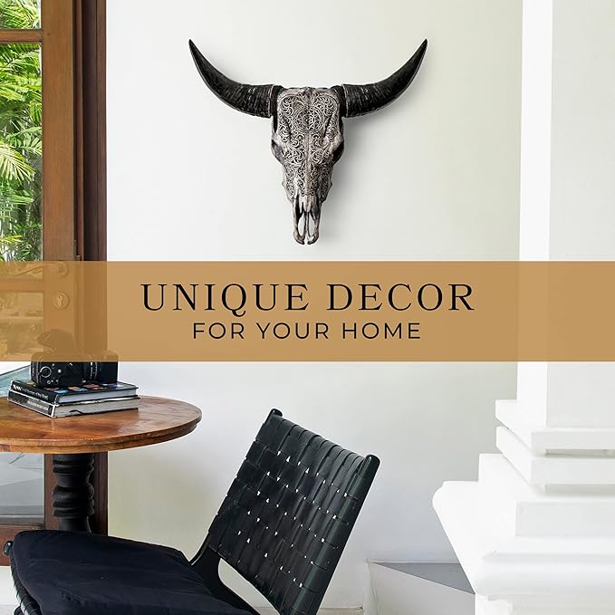 Skull Bliss - Hand-Carved Real Authentic Taxidermy Cow Skull/Bull Skull Wall Decor with Horns/Real Animal Cow Skull Wall Decor (Standard Horns)