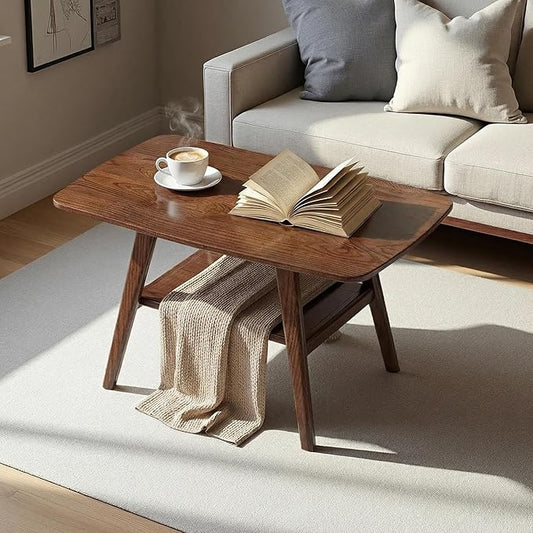 Mid Century Modern Coffee Table: 100% Solid Wood Coffee Table - 2-Tier Storage Design - Space Saving Small Coffee Tables for Living Room, Apartment (Walnut, 31.49")