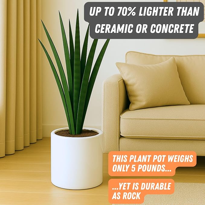 Fox & Fern Large Indoor Planter, Modern Large Plant Pot for Indoor or Outdoor, UV and Frost Resistant - 10 Inch, Fiberstone, Glossy White Flower Pot with Drainage Plug, Lightweight
