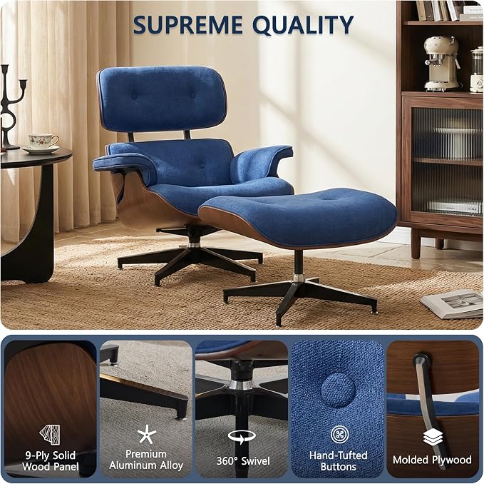 Chaise Lounge Chair with Ottoman, Top Black Grain Leather Recliner Chair, Modern Classic Office Chair with Ergonomic Lumbar Support, Heavy Duty Base Support for Bedroom Living Room Office (Blue)