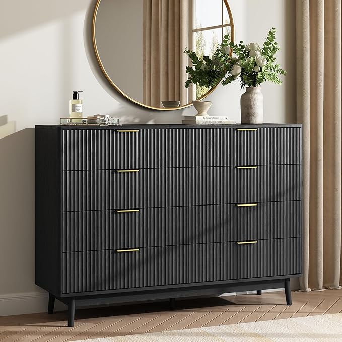 CARPETNAL Fluted Dresser and Nightstand Sets for Bedroom, 3 Pcs Bedroom Set, 8-Drawer Dresser & 2-Drawer Nightstand Set of 2, Modern Wood Chest of Drawers for Living Room, Entryway, Black