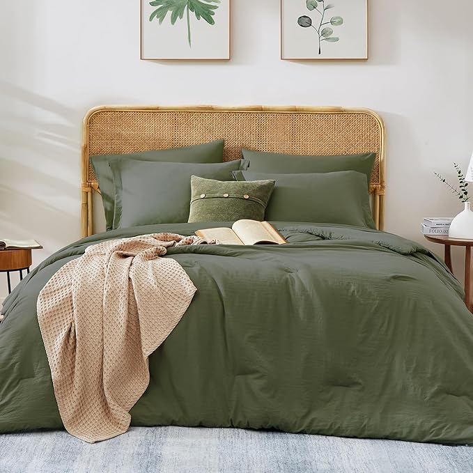 WRENSONGE Queen Comforter Set- 7 Pieces Soft Olive Green Bed in a Bag with Fitted Sheet, Flat Sheet, 2 Pillow Shams, and 2 Pillowcases- Warm Bedding Sets Queen for All Season