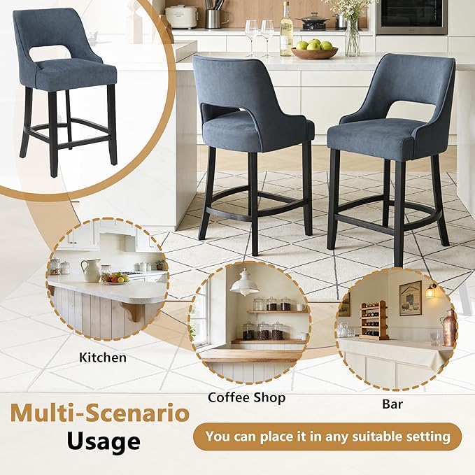 ClinQ Bar Stools Set of 6, 26" H Counter Height Bar Stools with Backs, Modern Upholstered Accent Barstools with Curved Footrest for Kitchen Island, Dining Room and Bar, Navy-Black Legs