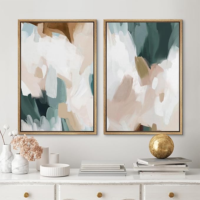 MUDECOR Framed Canvas Print Wall Art Watercolor Pastel White Blue Pattern Abstract Illustrations Modern Art Decorative Bohemian Colorful Chic for Living Room, Bedroom, Office - 16"x24"x2 Natural