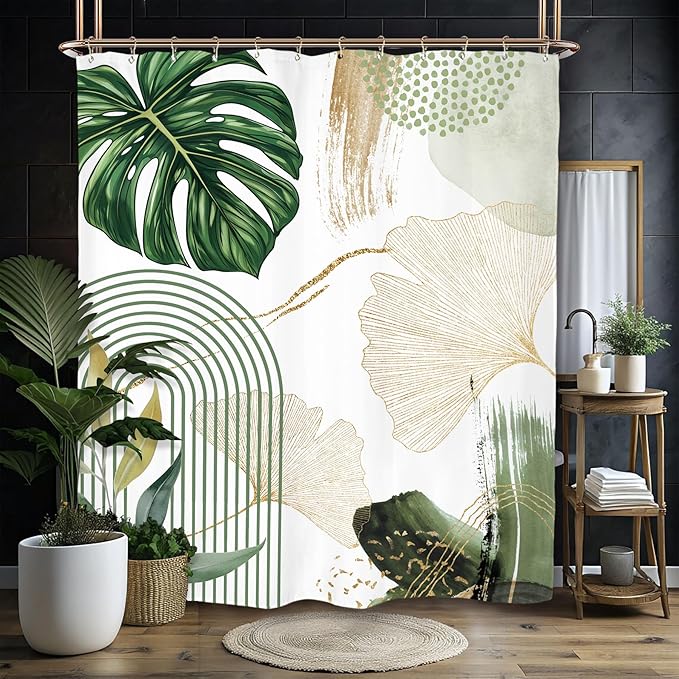 Miyotaa Abstract Ginkgo Olive Green Shower Curtain Set 60Wx71H Inches Minimalist Aesthetic Modern Contemporary Plant Leaves Polyester Waterproof Cloth Bathroom Curtain with 12 Hooks