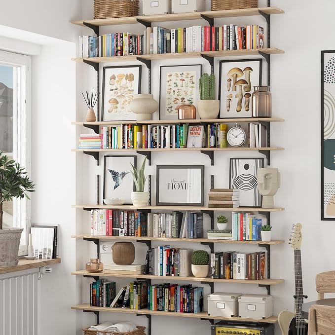 Wallniture Turin 60" Long Wall Bookshelf, Floating Shelves for Bookcase, Storage Shelves with Adjustable Standard Rail Bracket System, Burnt Finish