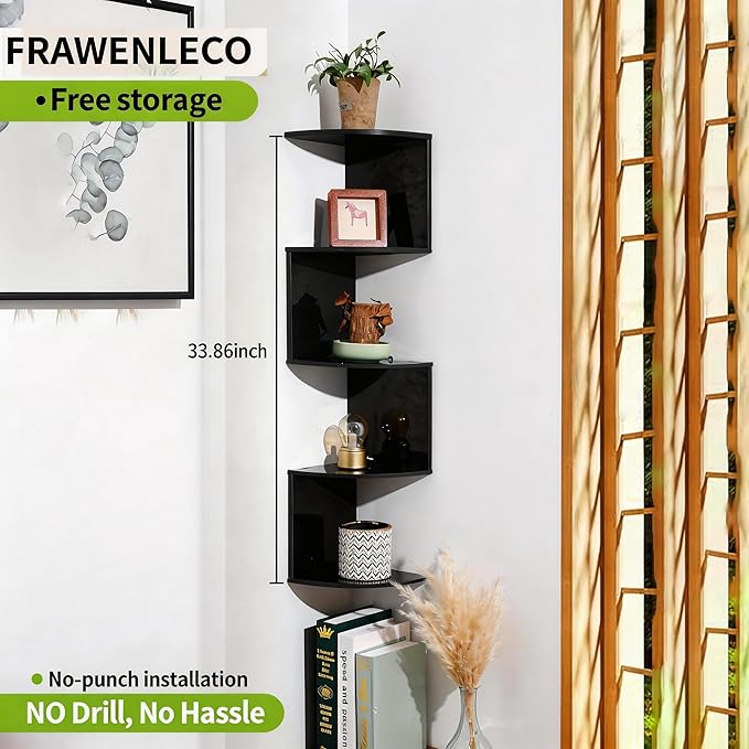 No-Drill Corner Shelf Wall Mount, 5-Tier Floating Corner Bookshelf with Hooks, Space-Saving Zigzag Plant Shelf for Bedroom, Living Room, Bathroom, Home Office（Black）