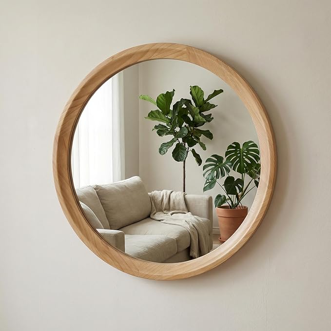 23.62'' Natural Wood Round Wall Mirror with Solid Wood Frame & Pre-Installed Hanging, Decorative Mirror with Large Reflective Surface for Bathroom Bedroom Living Room, Natural