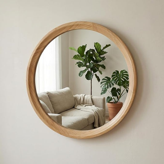 23.62'' Natural Wood Round Wall Mirror with Solid Wood Frame & Pre-Installed Hanging, Decorative Mirror with Large Reflective Surface for Bathroom Bedroom Living Room, Natural