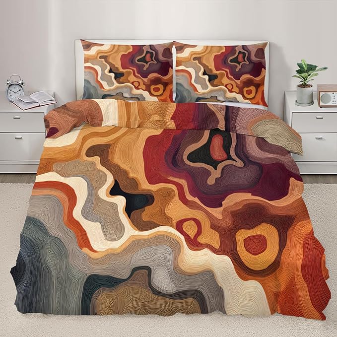 Fall Abstract Duvet Cover Twin Size, Abstract Bedding Set 3 Piece, Grey Brown Patterned Comforter Cover with Zipper Soft Microfiber, 2 Pillowcases