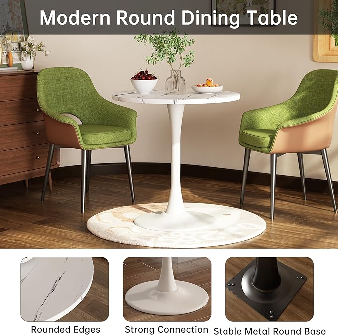 White Marble Round Dining Table 24" Circle Tulip Table with Thickened Tabletop & Sturdy Metal Pedestal Mid Century Modern Leisure Bistro Kitchen Tables 2 People Small Places Living Room Cafe