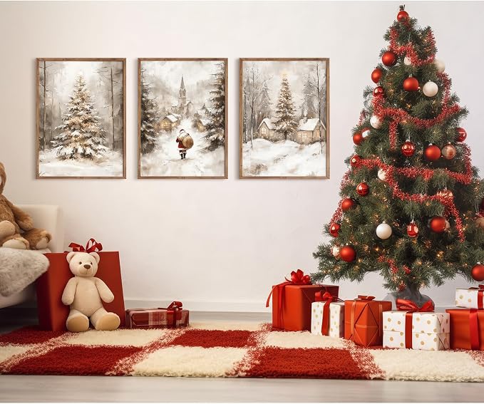 Christmas Wall Art Decor Winter Santa Pictures Vintage Christmas Canvas Poster Snowy Pine Trees Wall Art Xmas Forest Prints Santa Claus Painting Artwork for Bedroom Living Room 16x24x3 Inch Unframed
