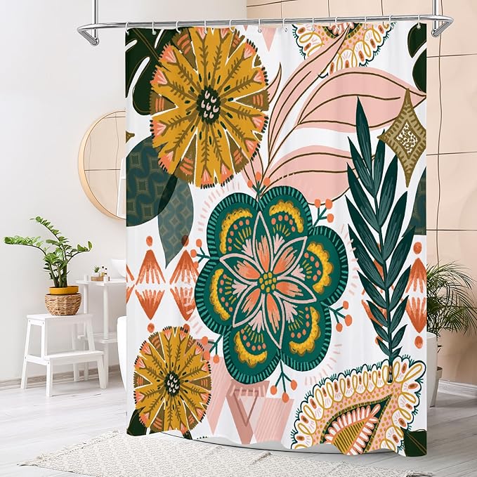 MitoVilla Extra Long Boho Floral Shower Curtain 72 x 84, Spring Leaves Shower Curtain, XL Chic Shower Curtains for Vintage Bathroom Decor, Bohemia Colorful Flower