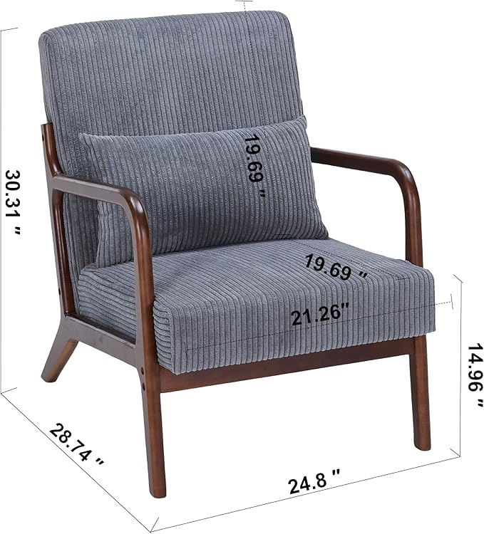 Accent Chairs, Mid Century Modern Chair with Pillow, Arm Chair with Solid Wood, Reading Relaxing Leisure Chair for Living Room, Waiting Room,Grey