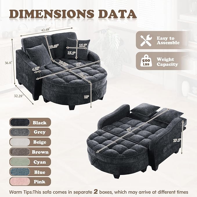 Oversized Chaise Lounge Chair Indoor with Ottoman, Chenille Tufted Comfy Loveseat Sofa Chair with Adjustable Backrest, Fluffy Recliner Sofa, Convertible Sleeper Couch Bed for Living Room(51"W, Black)