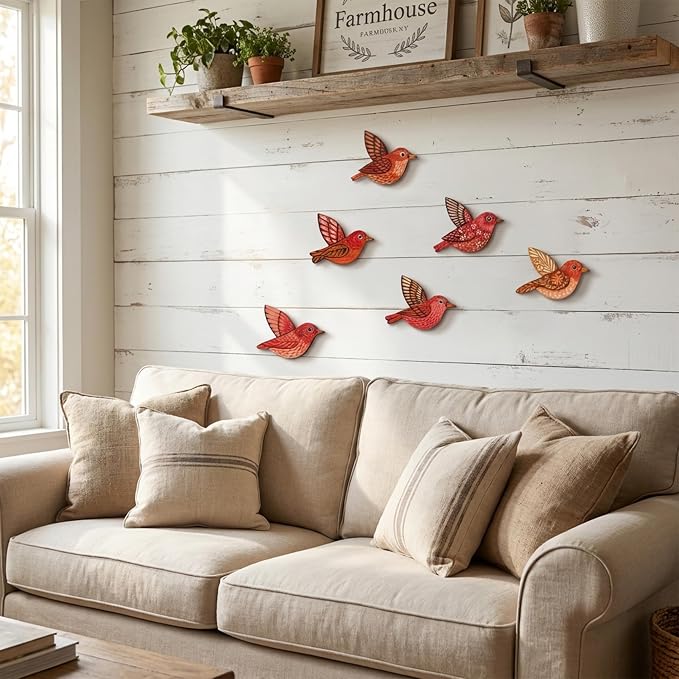 ARTINRENAISS Wooden Flying Birds Wall Decor, Scandinavian Rustic Wall Art Set Housewarming Gifts, 6 Pack Boho Birds Hanging Sign for Living Room, Bedroom, Kitchen