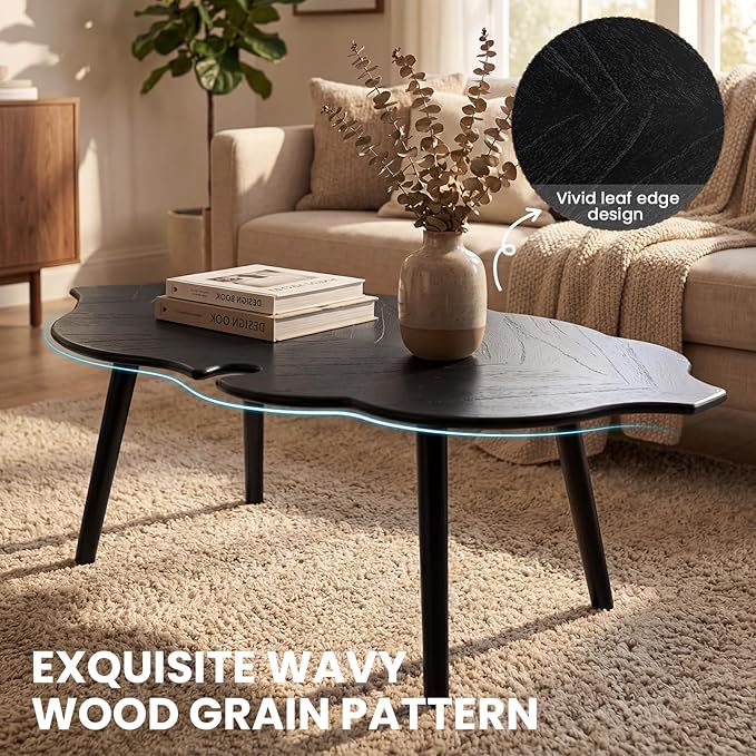 DUOMAY Mid-Century Modern Small Coffee Table, Solid Leaf-Shaped Wood Coffee Table for Living Room, Easy Assembly Center Table End Table with Wood Leg, Side Table for Bedroom Small Space, Black
