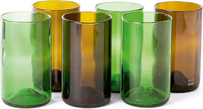 IWAS Upcycled Tall Drinking Glasses | 400 ML | 13.53 OZ | Set of 6 | Sustainable Water and Cocktail Glasses For Home | Environmentally Friendly Olive Green Glasses