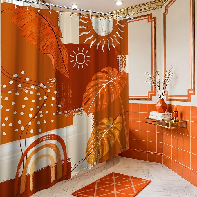 Burnt Orange Mid Century Modern Shower Curtain Bohemian Abstract Leaf Shower Curtains for Bathroom Decor Sets, Waterproof Cloth Fabric with Hooks, 72x84 Inch