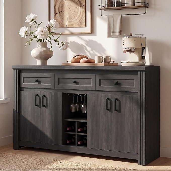 Buffet Sideboard with Power Outlet, 55" Wine Bar Cabinet with Wine Rack & Glass Holder, Farmhouse Wood Coffee Bar with Storage and Adjustable Shelves for Kitchen, Black