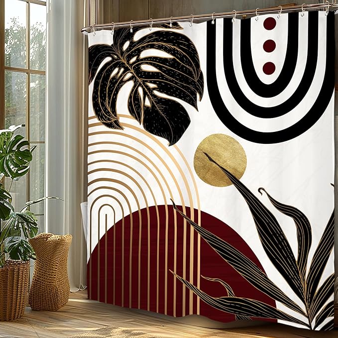 Miyotaa Abstract Burgundy Black Shower Curtain Set 60Wx71H Inches Modern Minimalist Aesthetic Mid Century Retro Leaves Modern Contemporary Waterproof Bathroom Curtain with 12 Hooks