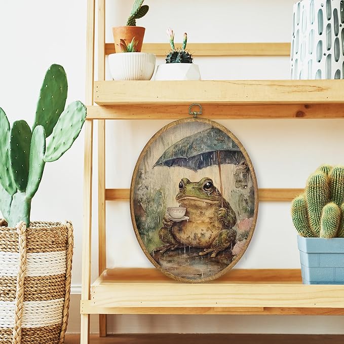 CGBHW Vintage Frog Oval Wall Art Decor, Cottagecore Farmhouse Frog Canvas Prints Framed, Whimsical Floral Botanical Rainy Day Animal Wall Art Hanging Decor for Home Bedroom Living Room, 8.6x11.4 Inch