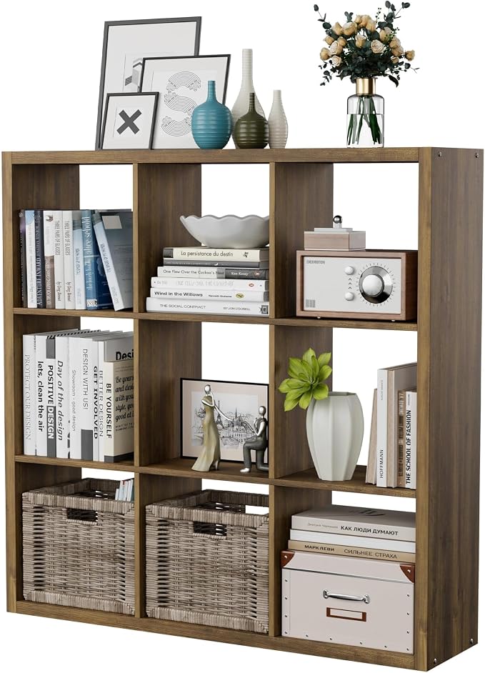 9-Cube Storage Organizer, Wooden Cube Shelf Bookcase with Reinforced Thick Shelves, Heavy-Duty 36.93" L x 9.37" W x 36.93" H, for Living Room Bedroom Home Office, Brown