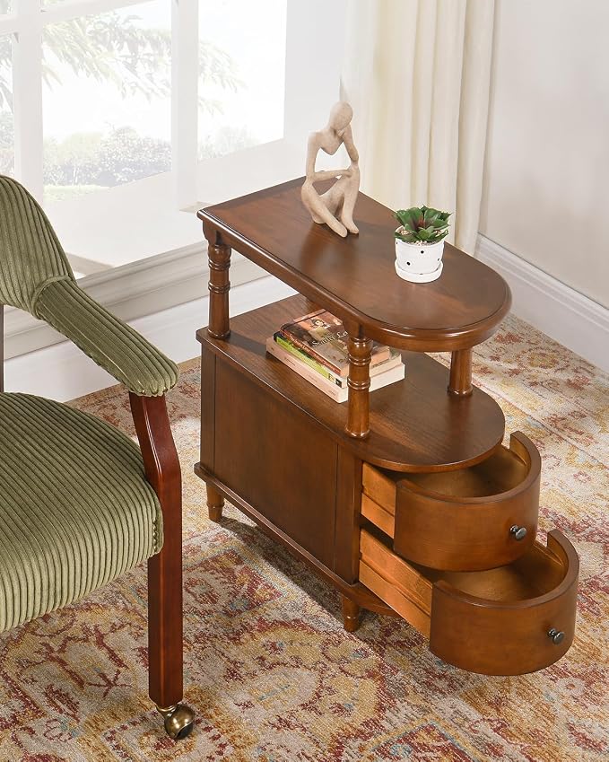 Biaco Solid Wood End Table with 2 Drawers - Caramel Brown Retro Narrow Side Table with Storage Shelf, No Assembly Required Slim Nightstand for Small Spaces/Apartment (23.4"Lx11.4"Wx25.3"H), BG-A508-MG