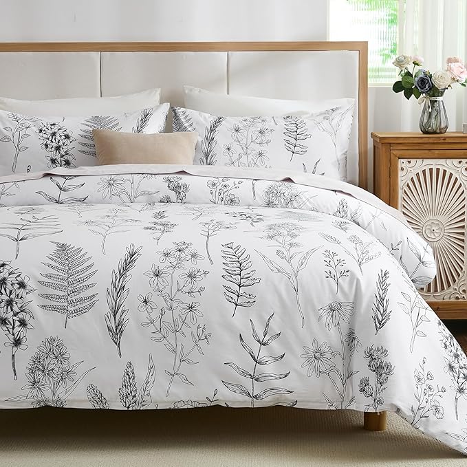 Cozeline 100% Cotton Duvet Cover Queen Size, Black and White Leaf Pattern Bedding Set with Zipper Closure, 3 Pcs Breathable and Soft Floral Duvet Cover for All Season