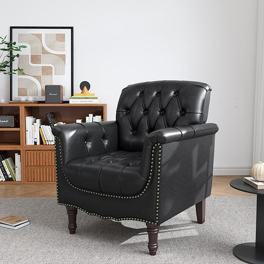 Faux Leather Accent Chair for Living Room, Tufted Arm Chair Retro Upholstered Club Armchair with Solid Wood Legs, Black Blue