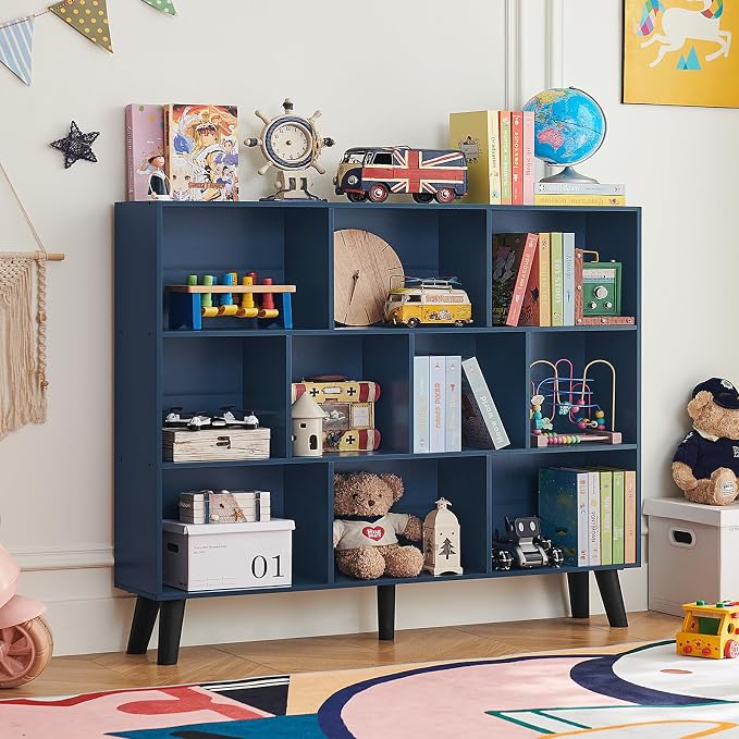 LEYAOYAO 10 Cube Bookshelf, 3 Tier Vintage 55" Wide Bookcase with Legs, Mid-Century Wood Bookshelves Storage, Dark Blue Large Book Case, Freestanding Organizer Display Shelf for Living Room, Office
